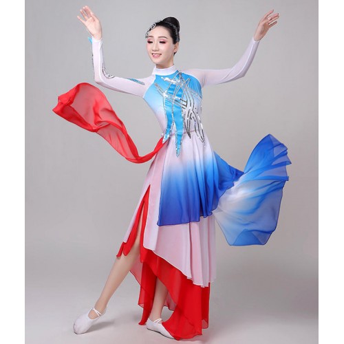 Women's chinese folk dance costumes royal blue ancient traditional fan umbrella classical dance dress costumes